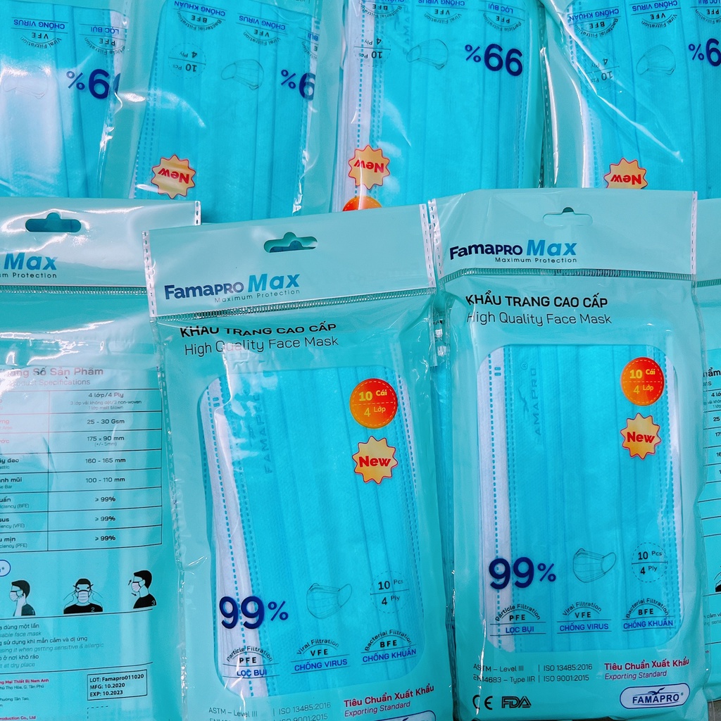 Combo 5 túi khẩu trang y tế 4 lớp kháng khuẩn cao cấp Famapro max, khẩu trang y tế xanh