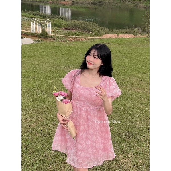 [Jolia Dress] Váy babydoll tay bồng nơ lưng vải tơ voan hoa nhăn bánh bèo tiệm của miêu