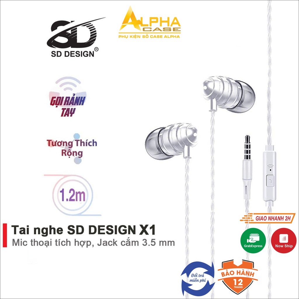 Tai nghe chính hãng SD DESIGN X1 cao cấp, jack cắm 3.5mm dành cho iphone, samsung, oppo, có mic, bảo hành 1 đổi 1 CaseAl