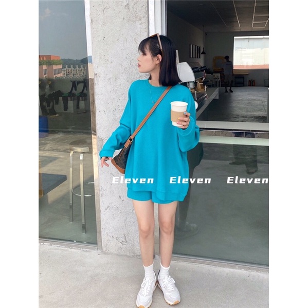 Set thể thao 2 món áo tay dài form rộng + quần short ngắn thời trang
