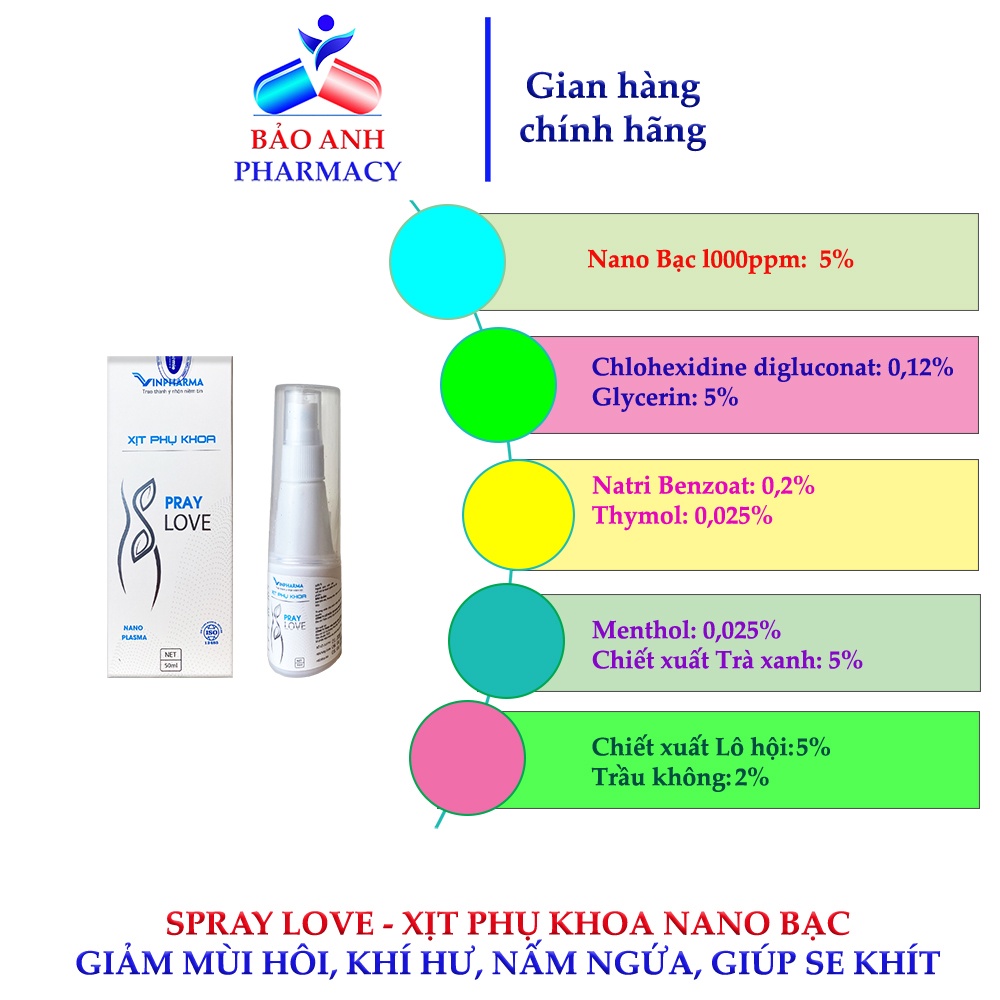 SPRAY LOVE – Xịt phụ khoa chứa Nano bạc, Trầu không, Trà xanh giúp giảm ngứa, nấm, mùi hôi – Chai 50ml