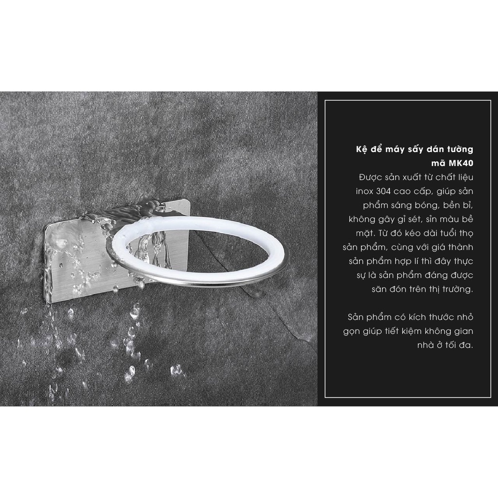Giá treo máy sấy tóc INOX SUS304 dán tường gạch men keo 3M siêu chắc - INOX