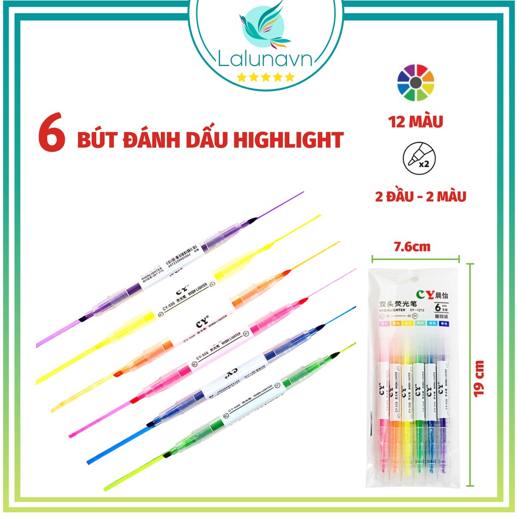 Bộ bút dạ quang 6 bút 12 màu CY nhiều màu 2 đầu trong 1 cây chất lượng cao, bút nhớ, bút highlight cho học sinh lalunavn