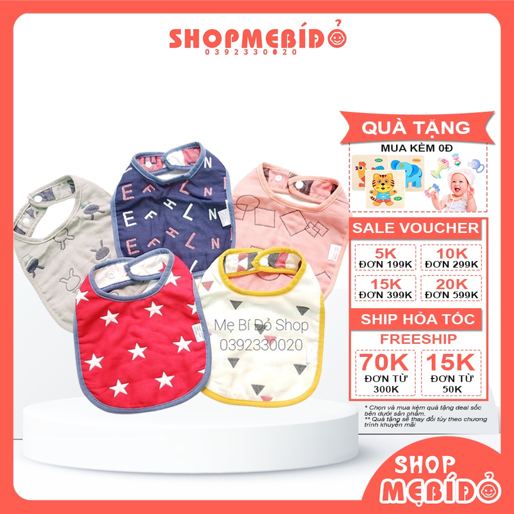 Yếm Vải Xô Vuông 6 Lớp Cúc Bấm Sắc Màu Hai Mặt Siêu Thấm Hút Mềm Mại Cho Bé Ăn Dặm