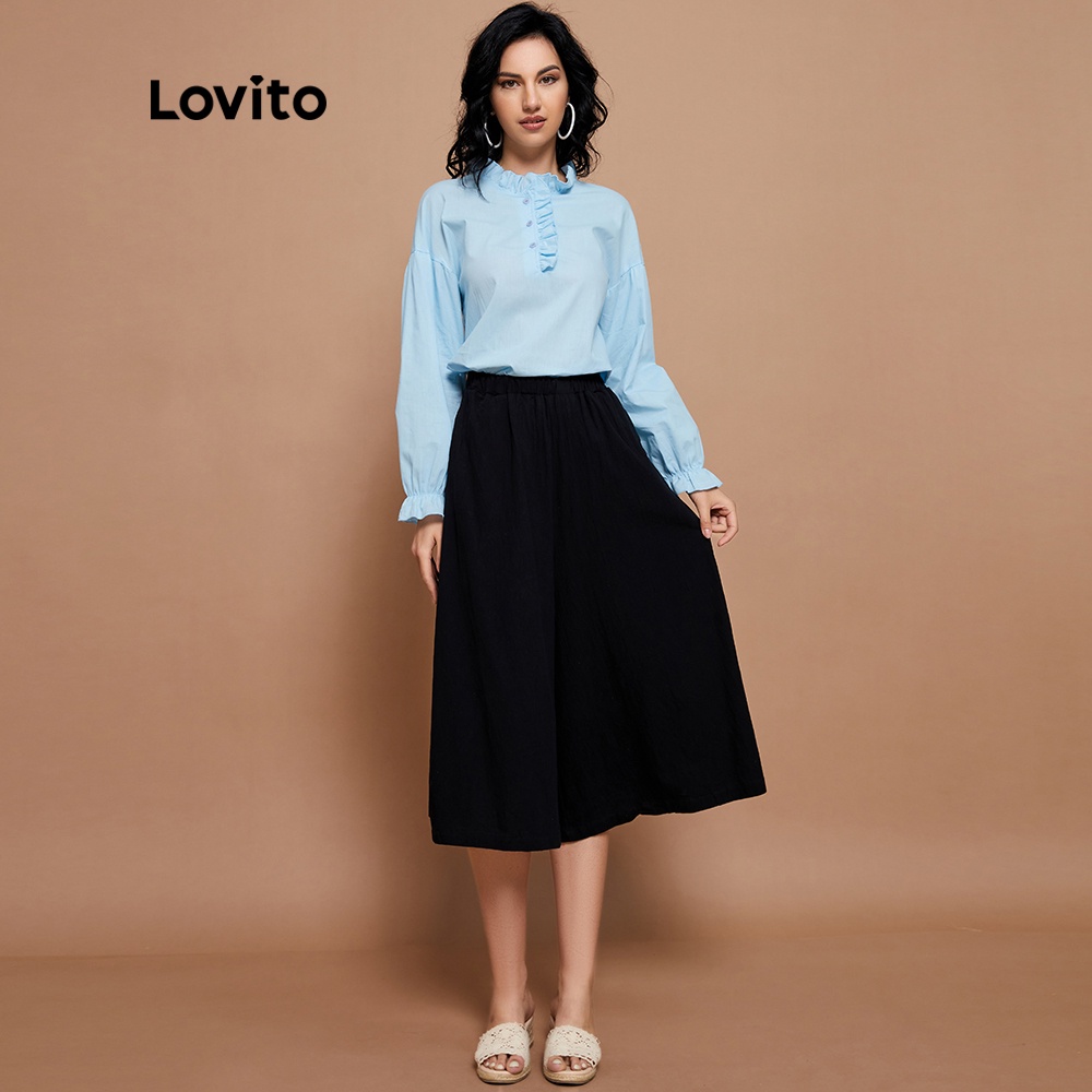 Quần culottes Lovito lưng thun co giãn đơn giản màu trơn có túi L14X024 (Màu đen)