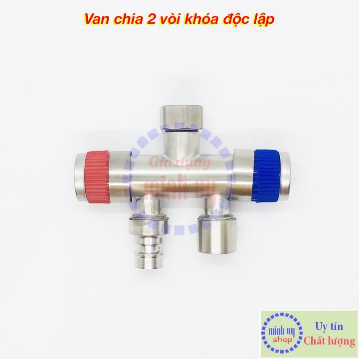 Van Nước 2 cổng xả có điều khiển (xanh-đỏ) riêng biệt dạng vòi chia nước - đầu ra 21mm Inox SUS304