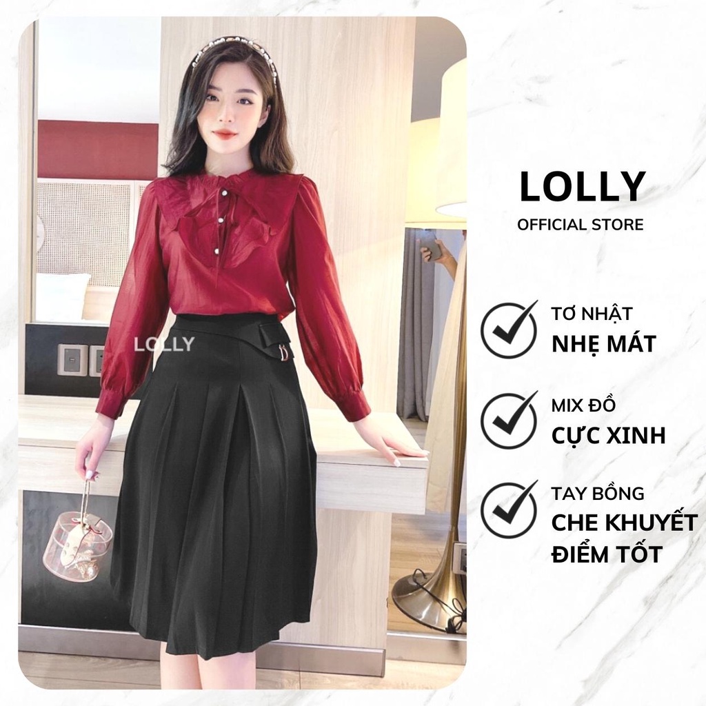 Áo sơ mi nữ công sở tay bèo chất tơ, cúc áo ngọc trai vintage mỏng nhẹ, thiết kế phong cách Hàn Quốc, thời trang Lolly