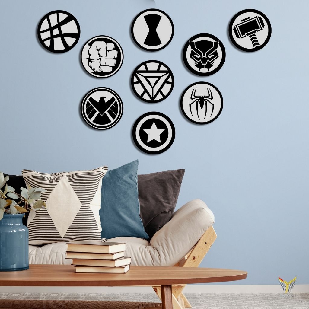 Bộ tranh dán tường 9 biểu tượng Marvel, chất liệu Fomex, tranh decor trang trí nhà cửa, phòng ngủ