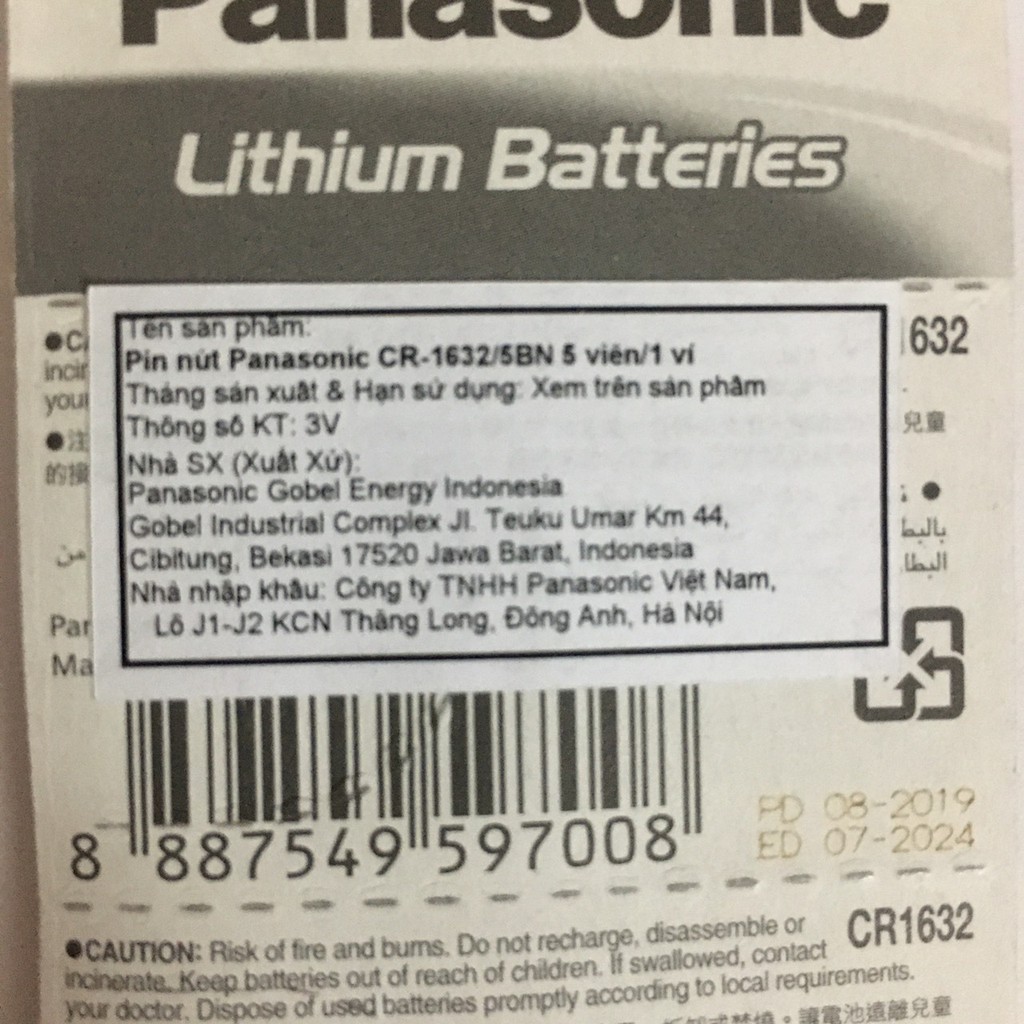 Vỉ 5 Viên Pin Panasonic CR2032 / CR2025 / CR2016 / CR1632 / CR1220 / CR1620 / CR1616 Pin 3V Lithium Made in Indonesia