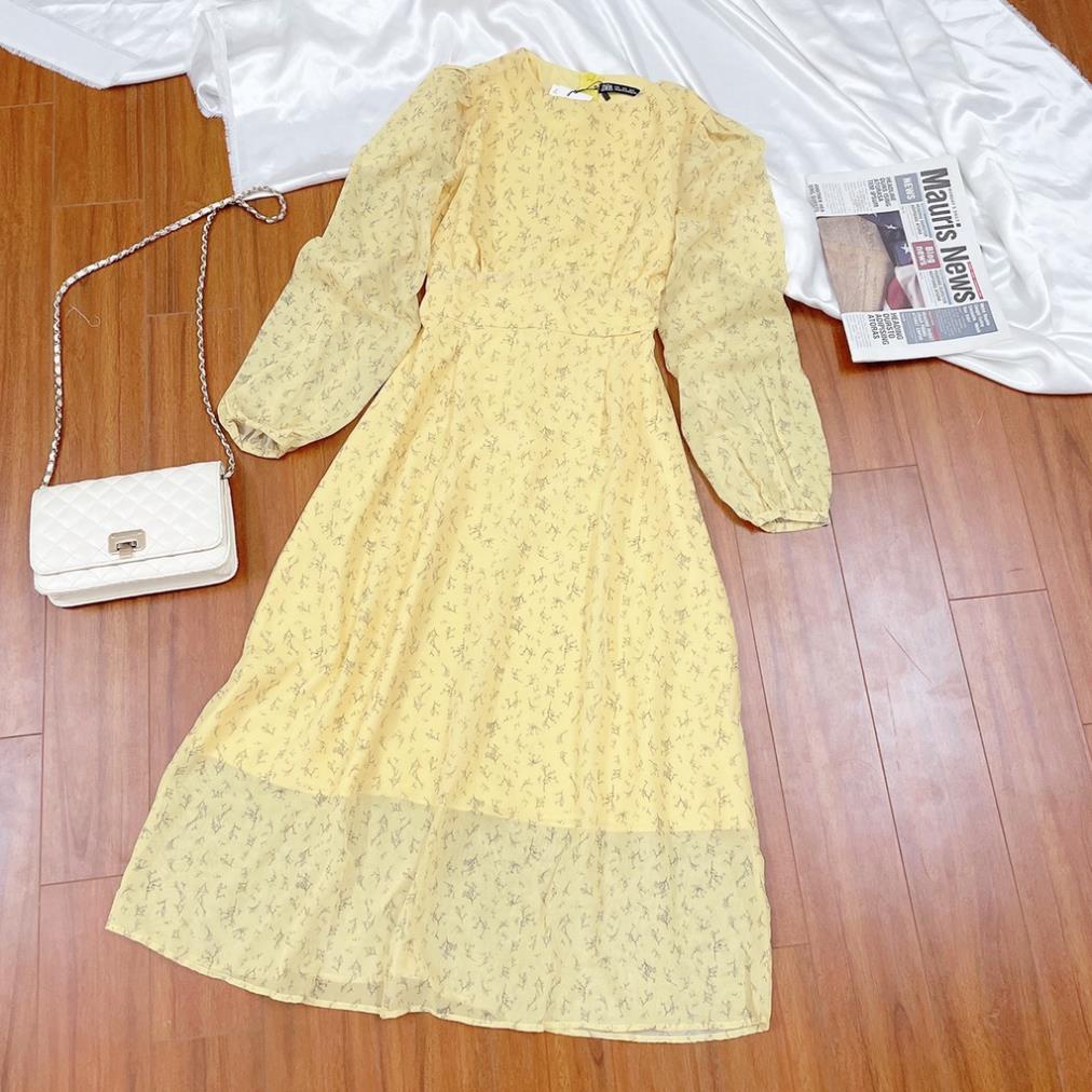 Đầm maxi, váy hoa nhí, váy hoa voan tơ vàng phong cách hàn quốc