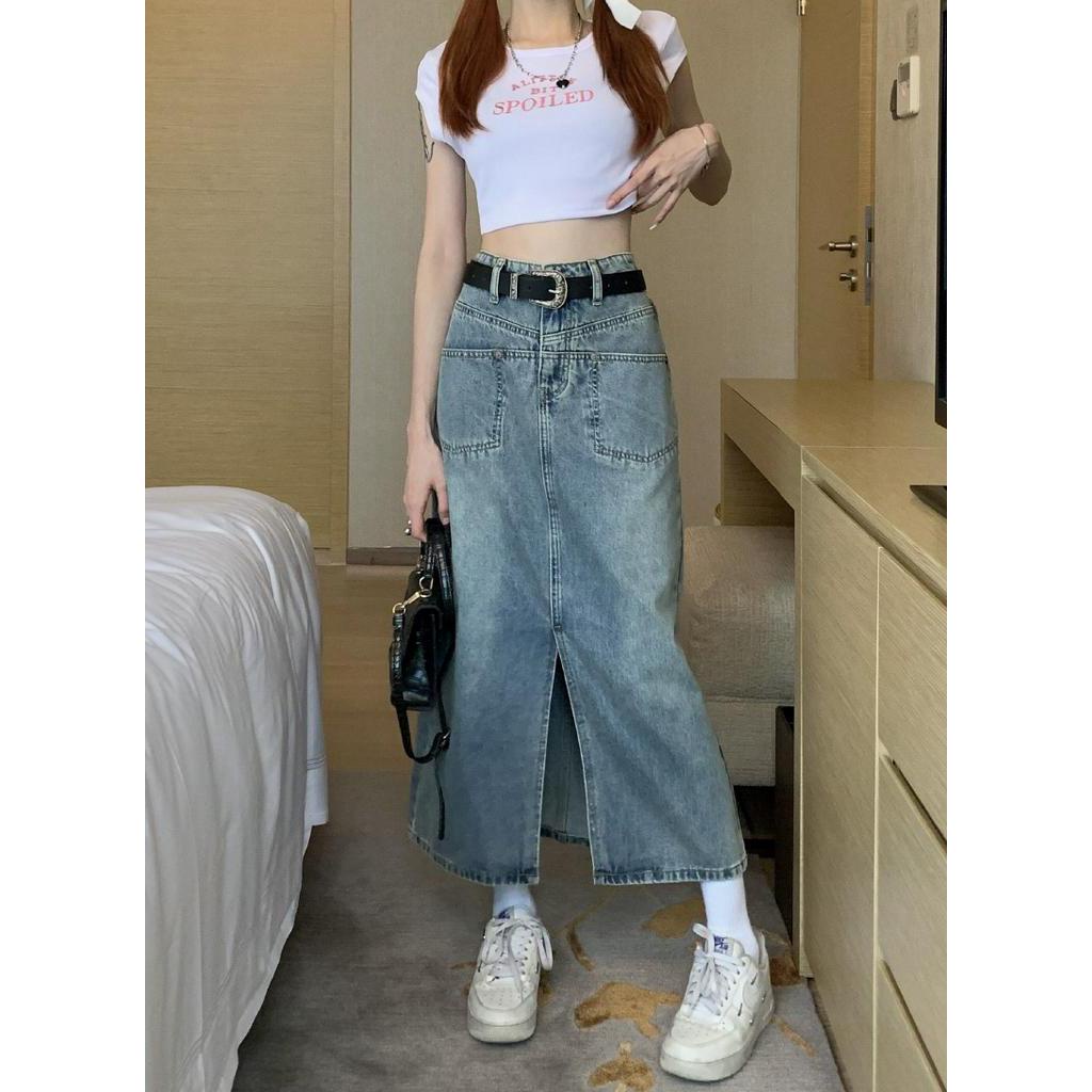 Chân váy jean Lưng Cao Xẻ Tà Thời Trang retro Cho Nữ