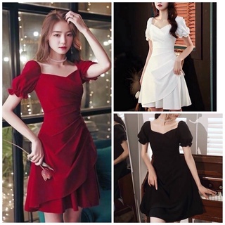 Đầm xoè cổ trễ, eo xếp li, tay nhún