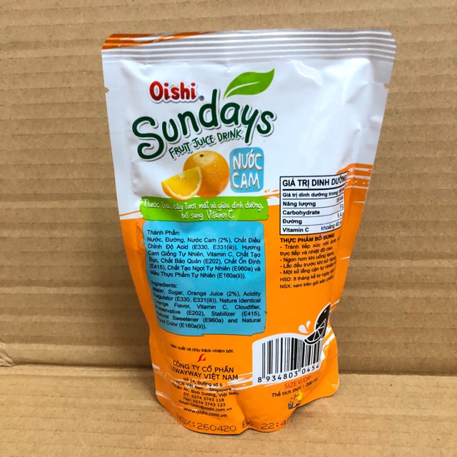 Túi Nước Cam Sundays Oishi 200ml