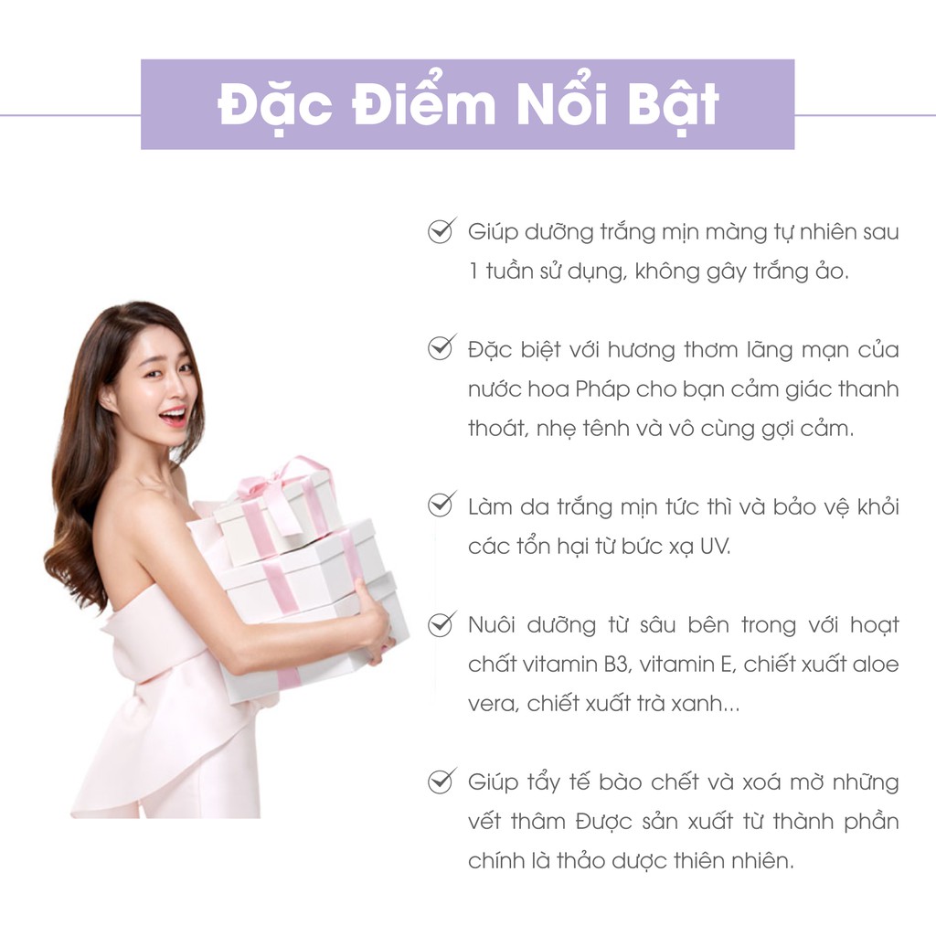 Kem dưỡng trắng da toàn thân hương nước hoa Pháp quyến rũ, hỗ trợ chống nắng, đẹp da an toàn Whitening Body Lotion 100ml