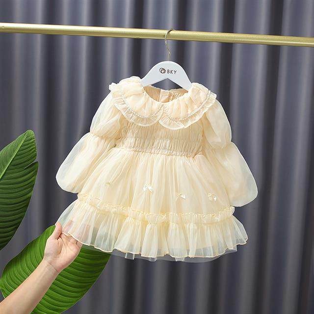 Đầm Tay Phồng Cổ Đính Ngọc Trai Nhân Tạo Thời Trang Mùa Thu Cho Bé Gái E2