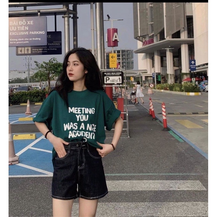 [Hàng hot]Áo phông “MEETING YOU” xanh rêu form rộng tay lỡ unisex nam nữ  Áo phông chất cotton mịn đẹp