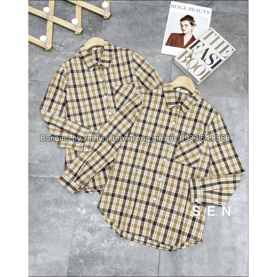 Áo sơ mi nữ dài tay kẻ sọc caro dáng xuông phối túi ngực thời trang Banamo Fashion 3915 | BigBuy360 - bigbuy360.vn