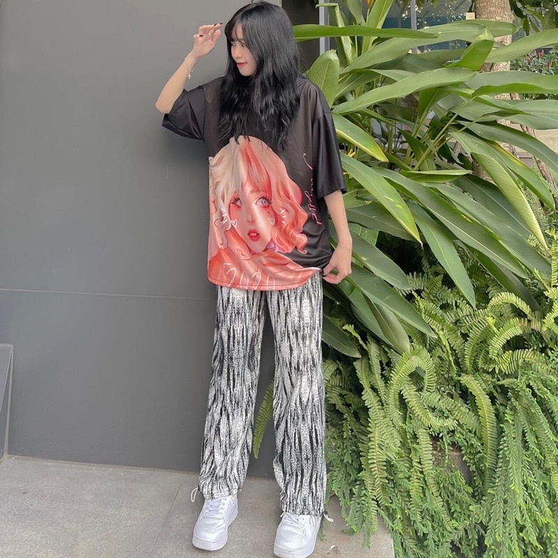 Set Bộ Quần LongPant 3D Sọc Hoạ Tiết Áo Thun Tay Lở Cô Gái Ảnh Thật