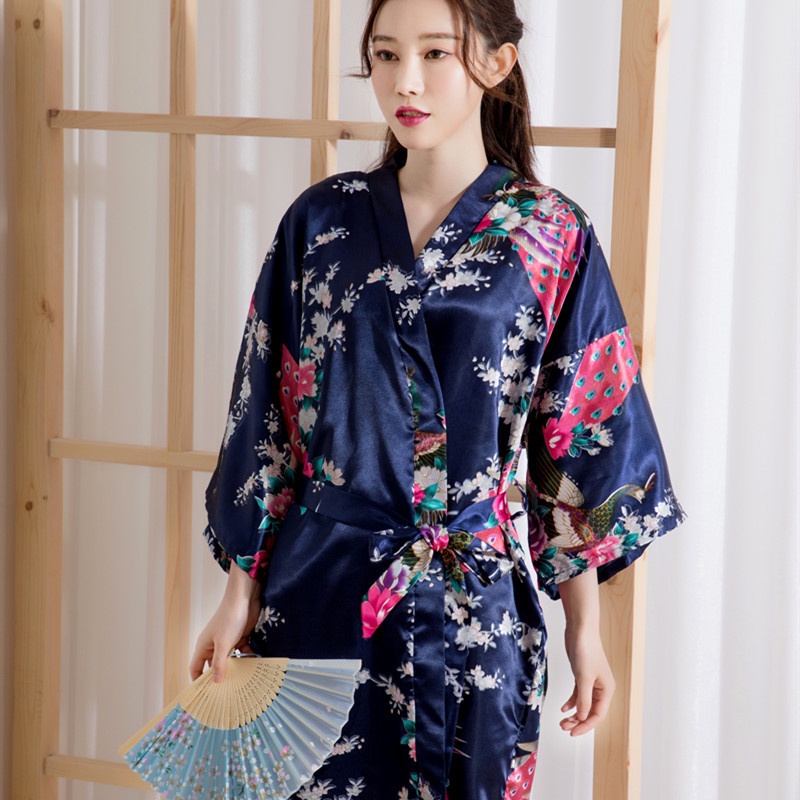 Áo Choàng Ngủ Kimono Vải Lụa Lạnh Mỏng In Hình Chim Công Thời Trang Mùa Hè Mới Cho Nữ