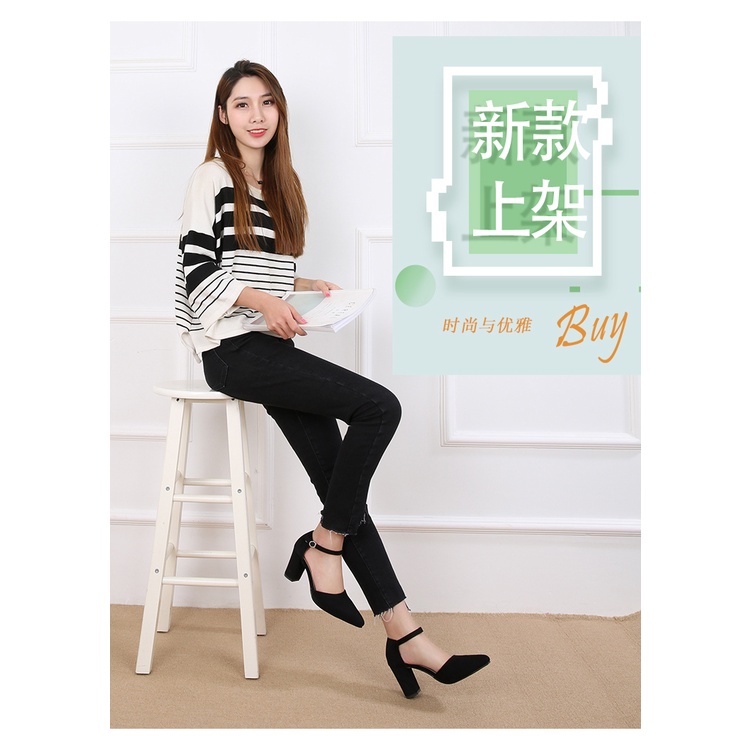 2021Early Spring New Student High Heels Women's Chunky Heel Pointed Women's Shoes Korean Style All-Matching Low-Cut Shoes Women's Work Shoes