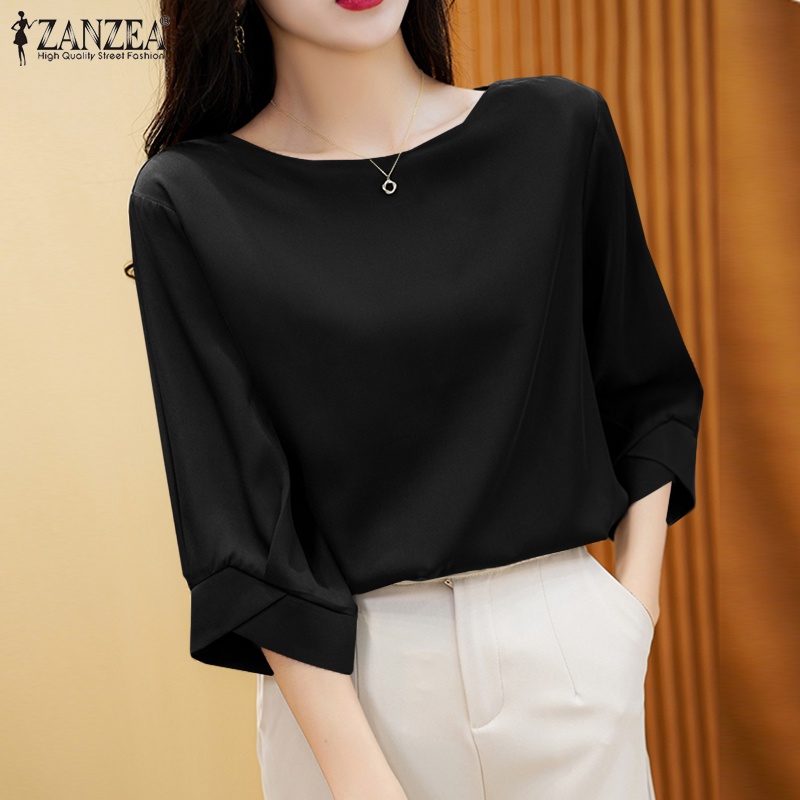 Áo thun Zanzea vải satin tay phồng cổ tròn màu trơn thời trang dành cho nữ