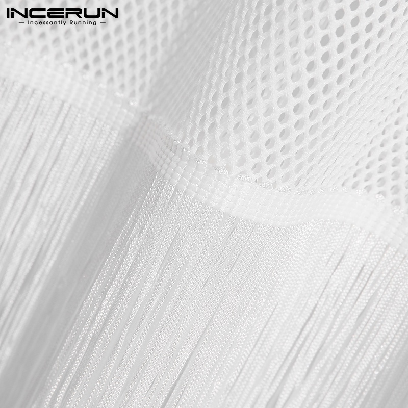 Áo thun tay ngắn INCERUN dáng rộng kiểu lưới phối tua rua thời trang mùa hè cho nam