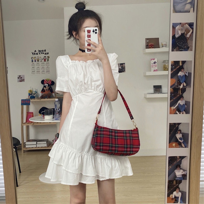 Đầm ngắn đuôi cá cổ vuông phối bèo nhún eo phong cách Pháp thời trang mùa xuân👗Váy LAMUSELANDFairy👚】hl