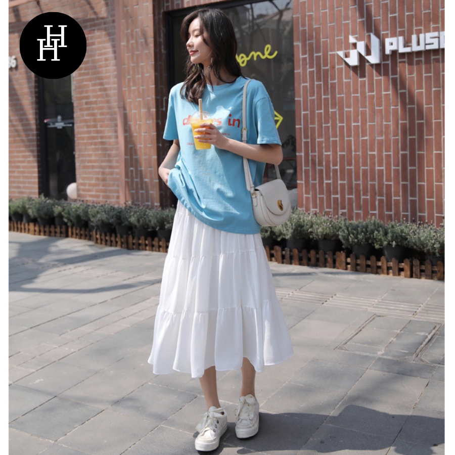 Chân váy liền tầng HCV22 lưng thun màu đen - trắng Hỉn Hỉn Store