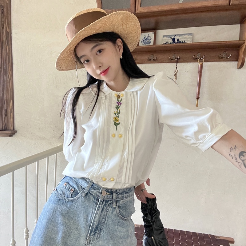 Áo Sơ Mi Ngắn Tay Cổ Búp Bê Thêu Họa Tiết Thời Trang Cho Nữ