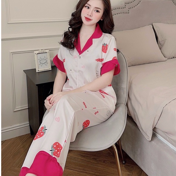 Bộ đồ ngủ lụa mặc nhà pyjama cổ tròn lụa latin cao cấp áo cộc quần đùi freesize 45-60kg | BigBuy360 - bigbuy360.vn