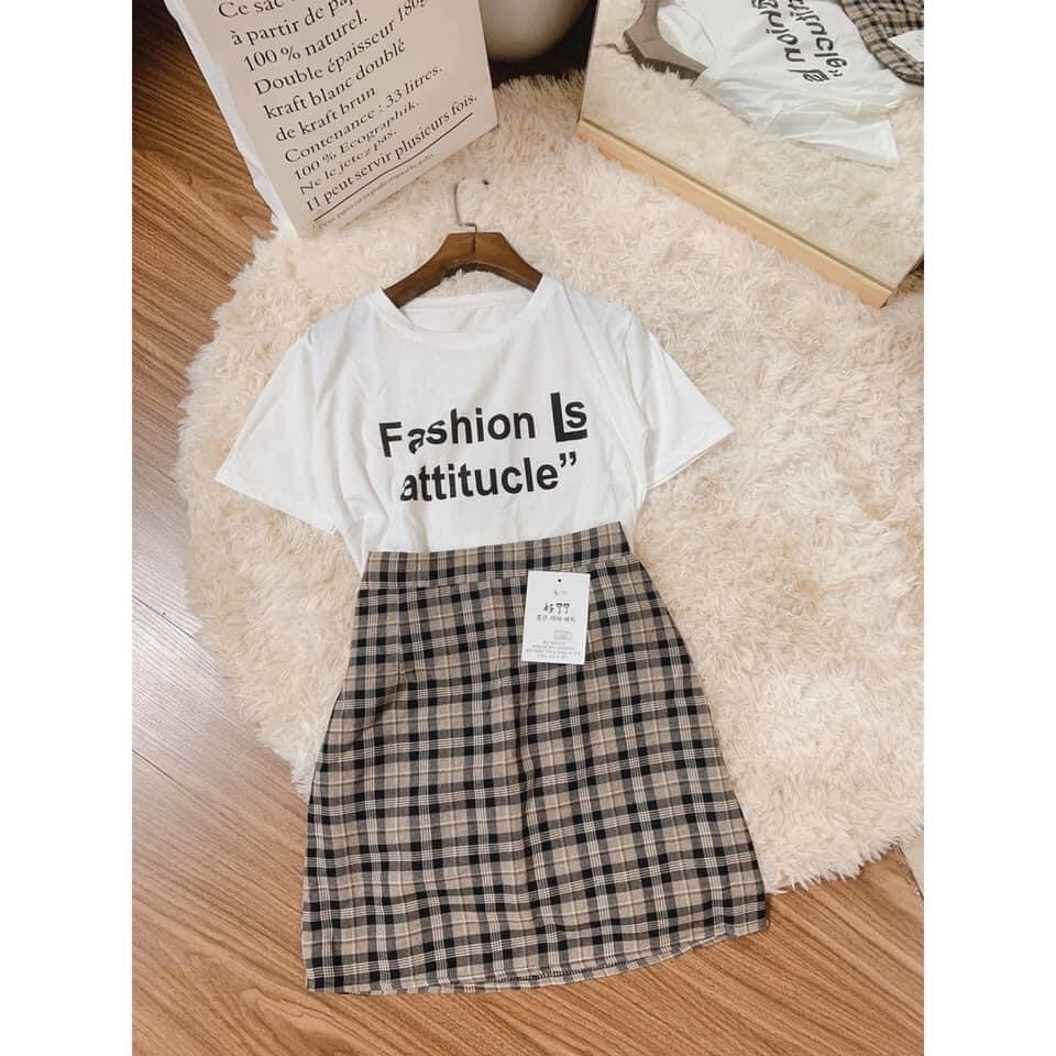 set áo thun nữ cộc tay FASHION phối chân váy kẻ ulzzang dáng ngắn/ Set bộ hè áo thun tay lỡ dáng rộng kèm chân váy chữ A | BigBuy360 - bigbuy360.vn