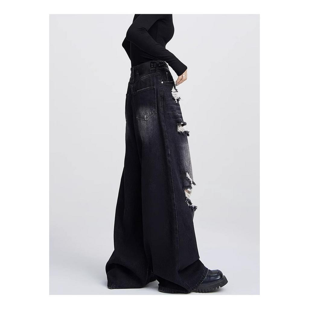 Quần Jean Dài Lưng Cao Ống Rộng Phối Rách Kiểu Retro Đường Phố Mỹ Thời Trang Mùa Hè Cho Nữ