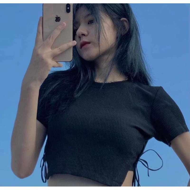 Áo croptop tay ngắn xẻ cột dây g7 xinh đẹp