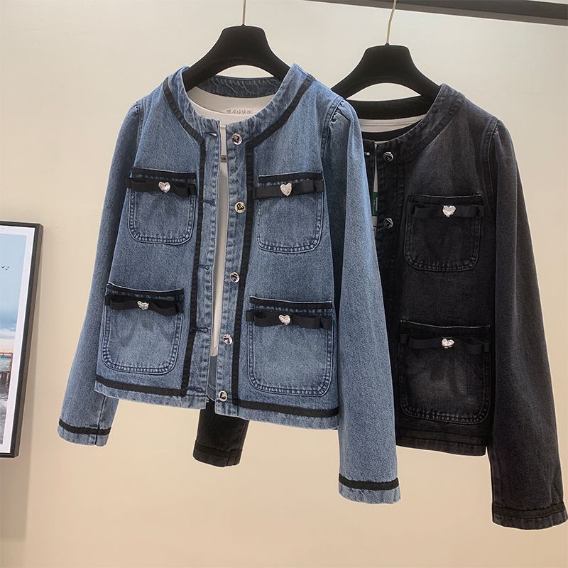 Áo Khoác denim Mỏng Cổ Tròn Thắt Nơ Thời Trang Mùa Thu Hàn Quốc Mới 2022 Cho Nữ