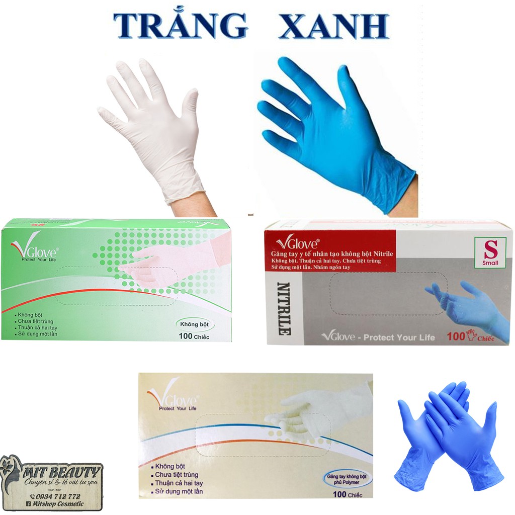 [Hộp 100] Găng tay không bột Vglove bao tay dùng trong chế biến thực phẩm, nấu ăn, thẩm mỹ, spa 2 màu trắng xanh