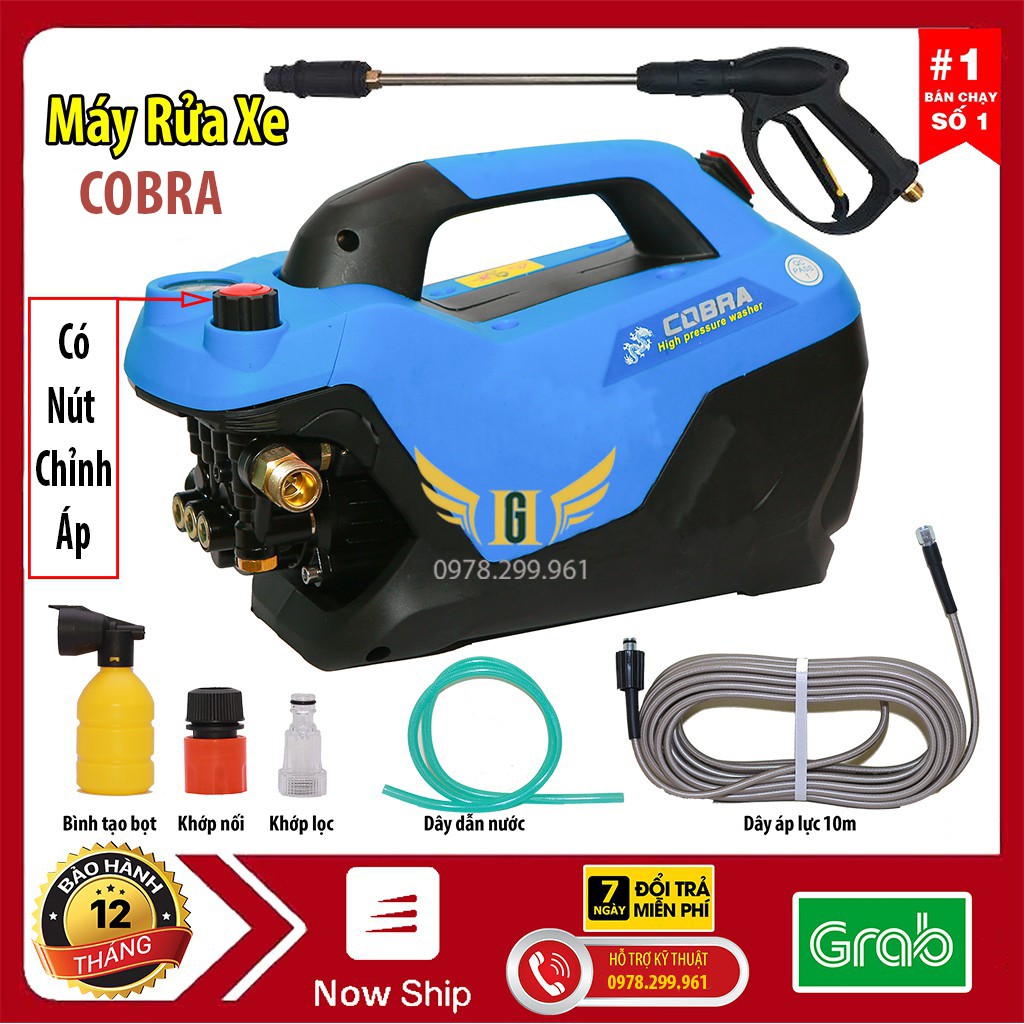 [BH 12 THÁNG] Máy Rửa Xe Mini Gia Đình COBRA Áp Lực Cao - Công Suất Mạnh 2500W- Có Chỉnh Áp + Tặng Cần Nối Dài