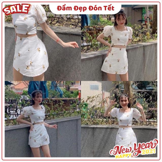 Sét Chân váy kém áo croptop tay phồng hoạ tiết hoa nhí | BigBuy360 - bigbuy360.vn