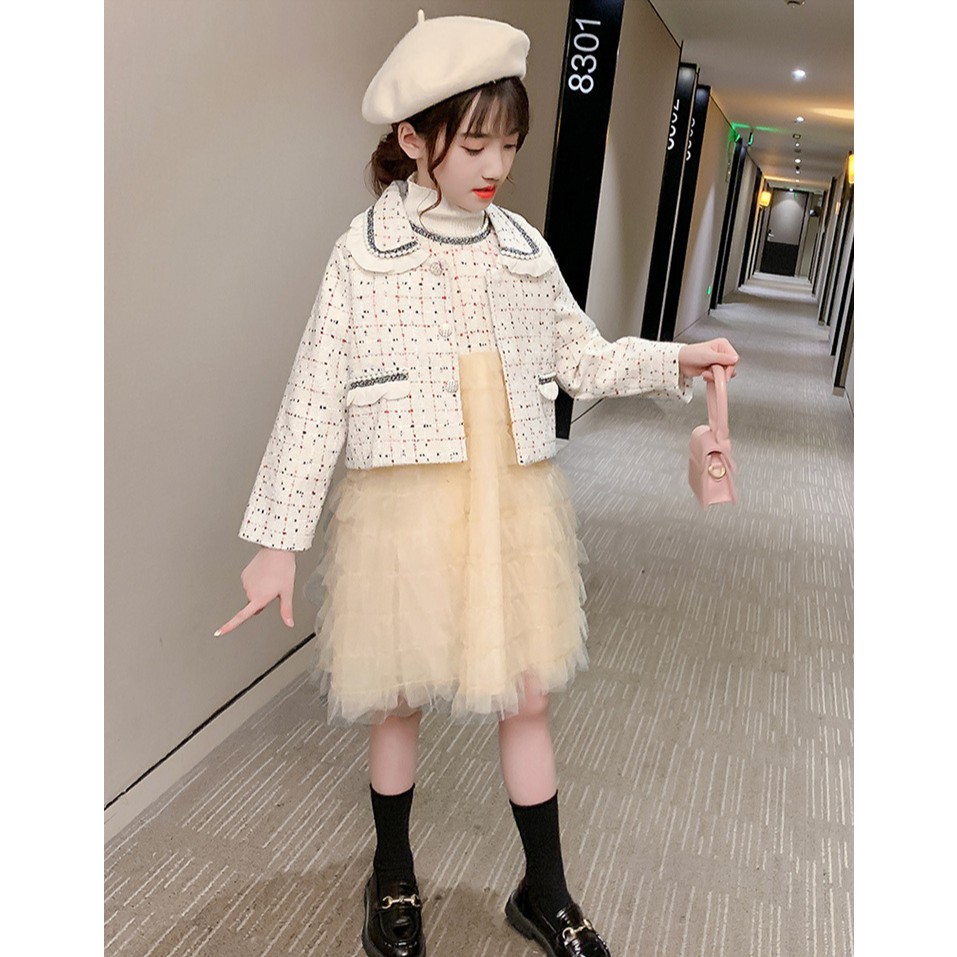 Váy thu đông bé gái chất dạ phối ren tầng xinh xắn tặng kèm áo khoác siêu đẹp size 14-32kg [SV07]