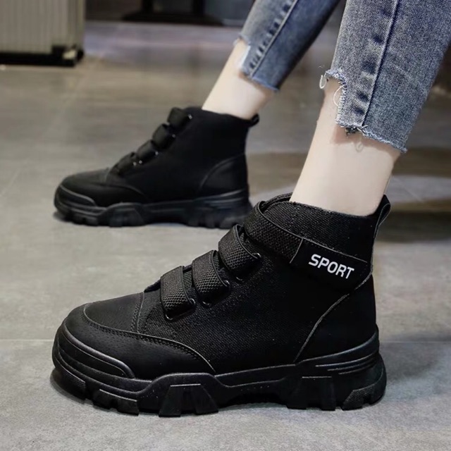 Bốt nữ cao cổ, giày boots nữ dây dán thời trang SPORT