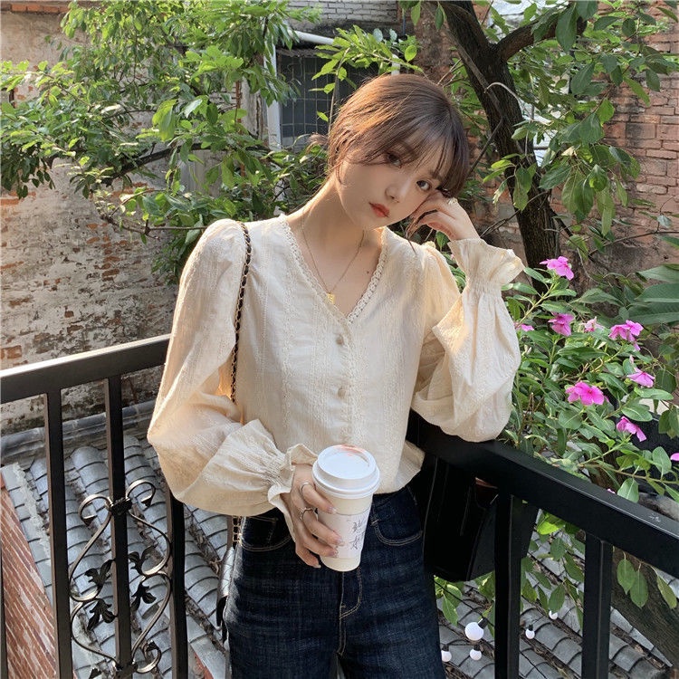 Áo sơ mi tay dài phồng phong cách Hàn Quốc thanh lịch dành cho nữ