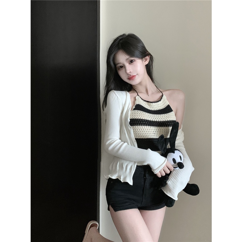 HUANG YOYO Áo Hai Dây Dáng Ôm Họa Tiết Kẻ Sọc Thời Trang Mùa Hè Hàn Quốc Cho Nữ