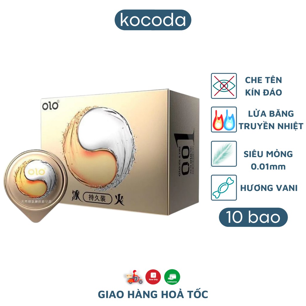 Bao Cao Su OLO Lửa Băng Kéo Dài Thời Gian Truyền Nhiệt Siêu Mỏng 0.01 Vàng Hộp 10 Bao - KOCODA