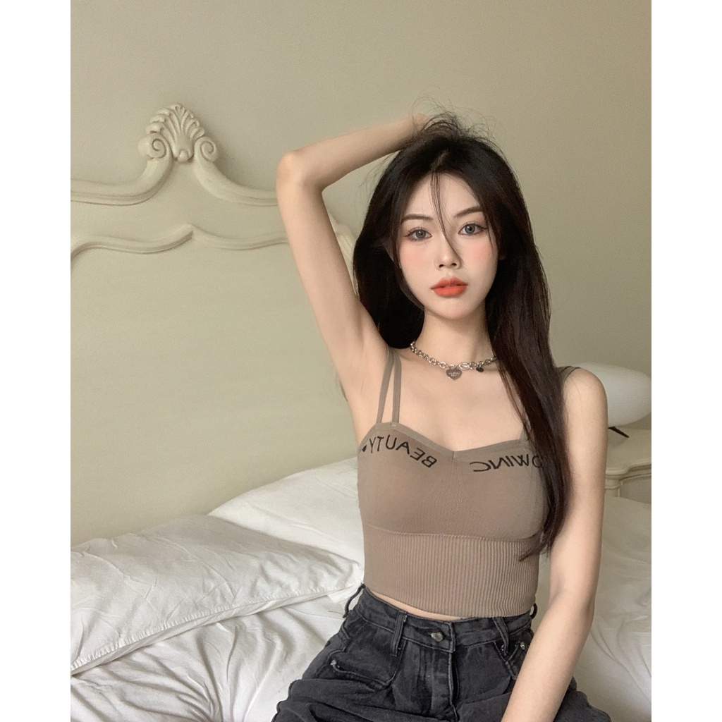 DUNEA Áo Hai Dây Không Lộ Đường May In Chữ Thời Trang Cho Nữ