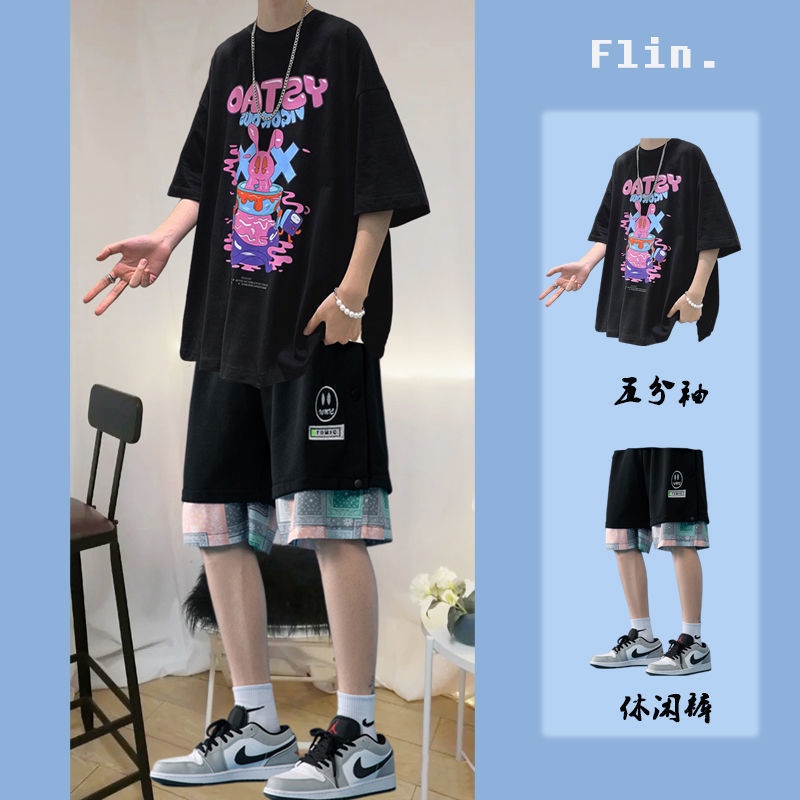 Set áo thun tay ngắn + quần short dáng rộng size lớn phong cách Hàn Quốc cho nam giới