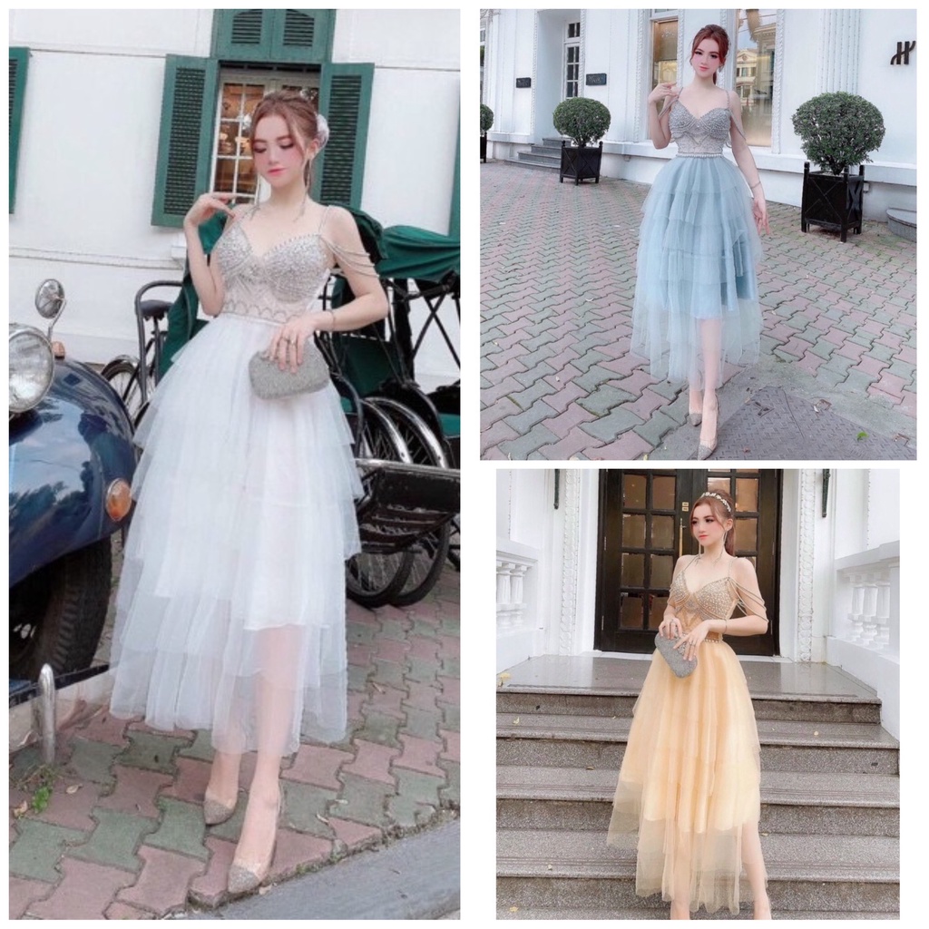 Đầm dự tiệc công chúa TRIPBLE T DRESS dây trễ vai chuỗi cườm sang trọng -size M/L - MS255V