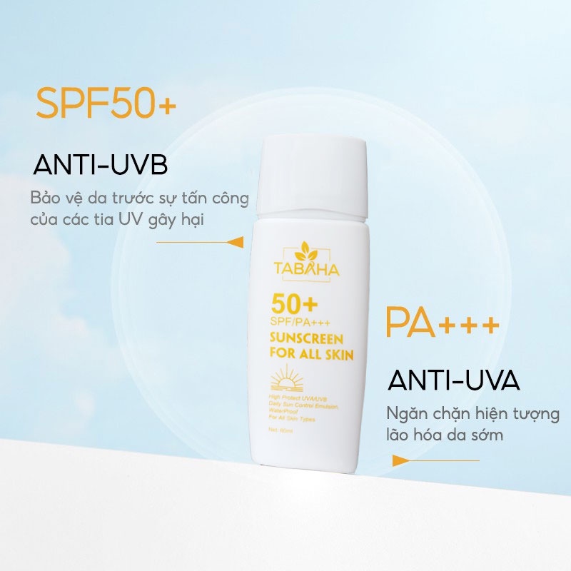 Kem chống nắng Tabaha 60ml cho da mặt và toàn thân SPF50+ PA+++ cấp ẩm không bết chống nước