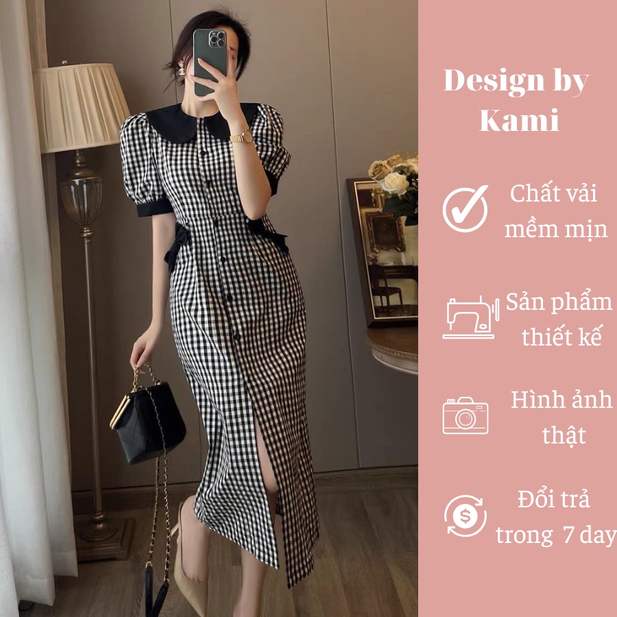 Váy kẻ caro đen trắng dáng sơmi dài cổ tròn đính nơ eo Elisa size S M L XL hàng thiết kế cao cấp Design by Kami