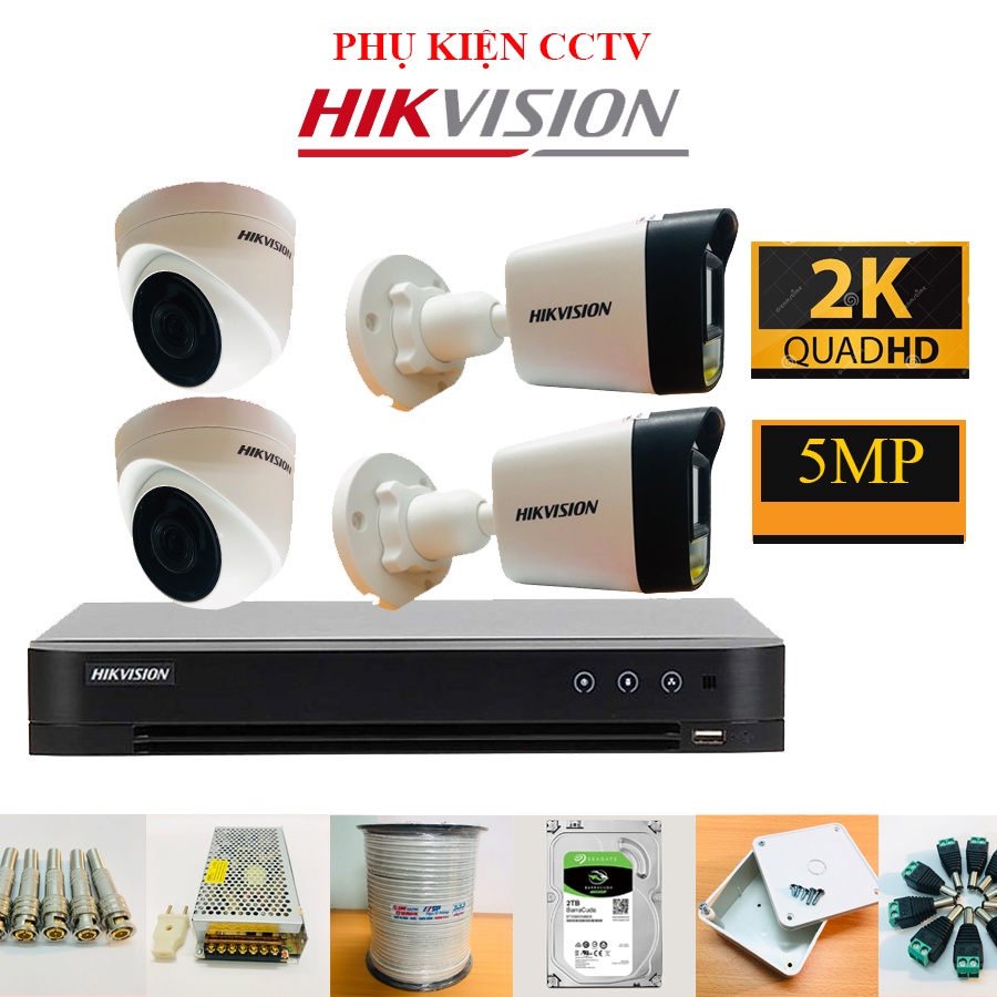 Trọn  Bộ Camera 1/2/3/4 Mắt 5Mp Hikvision Chính Hãng tích hợp Mic (FULL PHỤ KIỆN LẮP ĐẶT), Ổ Cứng Tùy Chọn