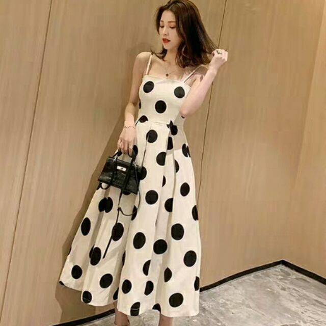 Đầm Maxi Chấm Bi Đen Trắng| Váy 2 Dây Đi Biển Dáng Xòe Sáng Chảnh