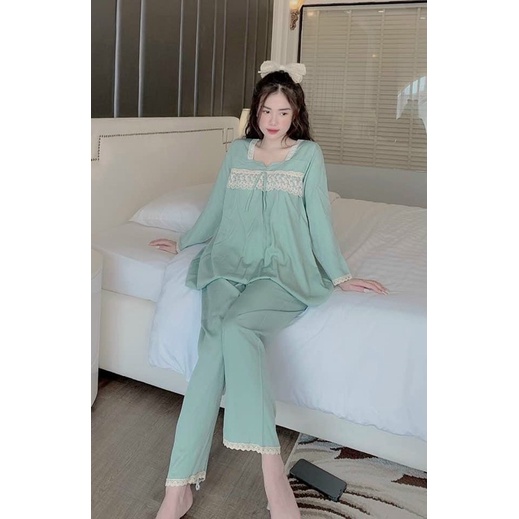 Đồ bầu mặc nhà cổ vuông- bộ bầu sau sinh chất đũi hàn phối ren ở ngực có khoá mở